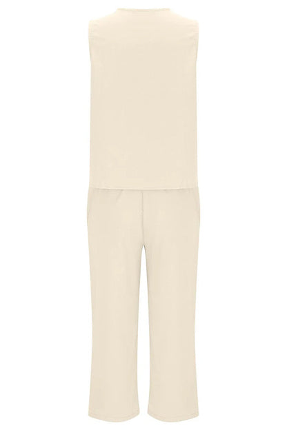 Mchoice Women's Summer Outfits Fashion V-neck Solid Color Sleeveless Tops and Loose Pocket Pants Suit