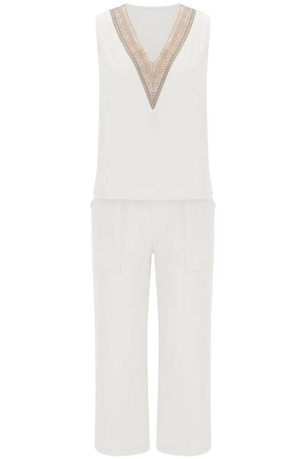 Mchoice Women's Summer Outfits Fashion V-neck Solid Color Sleeveless Tops and Loose Pocket Pants Suit