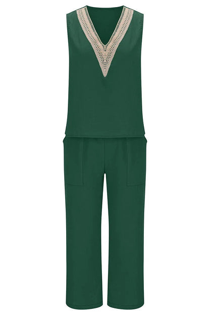 Mchoice Women's Summer Outfits Fashion V-neck Solid Color Sleeveless Tops and Loose Pocket Pants Suit