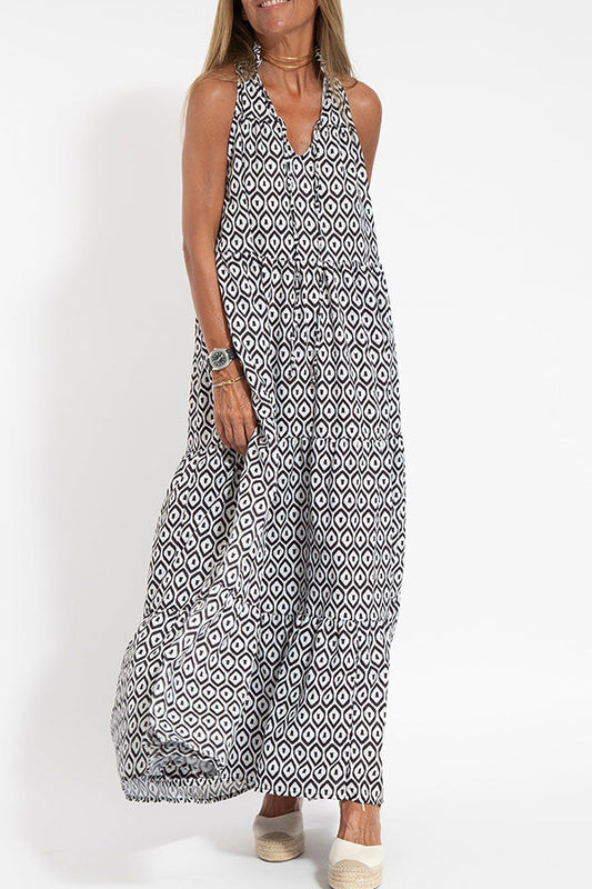 Boho Loose Gold Print Flowy Resort Dress