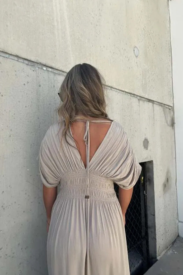 My Treasure Kimono Sleeve Pocketed Smoke Detail Slit Maxi Dress