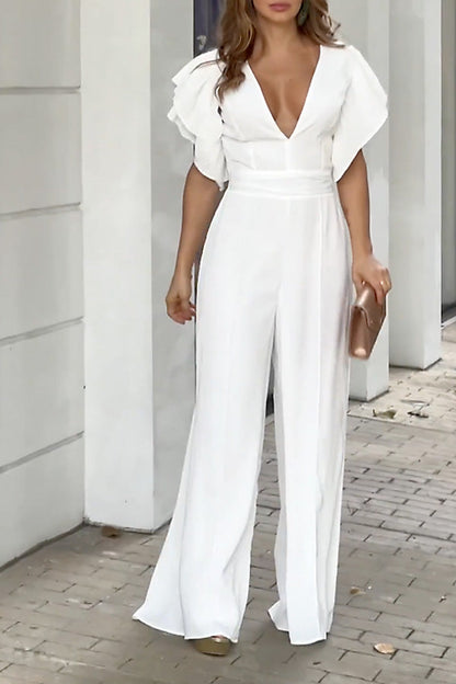 Anita Butterfly Sleeve Deep V Neck Wide Leg Pants Jumpsuit