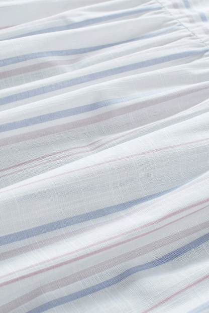 Striped Print Loose Fit V Neck Short Sleeve Blouse