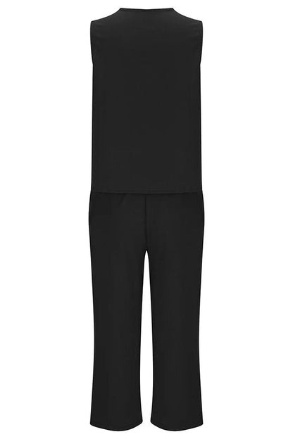 Mchoice Women's Summer Outfits Fashion V-neck Solid Color Sleeveless Tops and Loose Pocket Pants Suit
